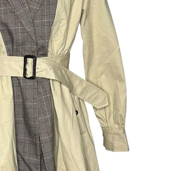 L’ATISTE Tan Plaid Belted Mini Trench Coat | Size L - Picture 4 of 10